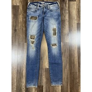 True Religion Casey‎ Super Skinny Low Rise Distressed Gold Sequin Blue Jean 26